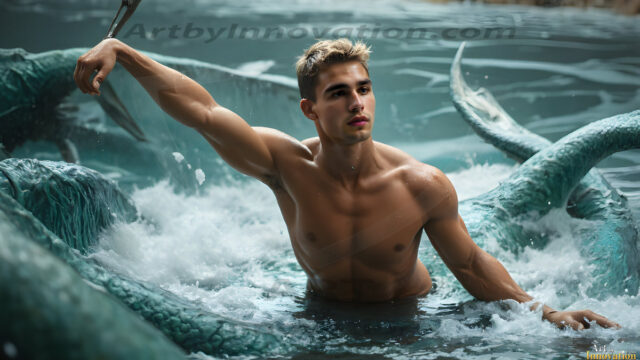 AI-generated HD photos featuring Mermen, The Warriors of the Sea. A collection of over 1,000 AI generated photo images of Mermen Warriors. Shirtless men from all age groups, with slim builds to hot and sexy, muscular body types, and from teenaged boys, to young men, to the handsome Elders. Merman warriors rising from a whirlpool, with a trident in hand, set against a stormy backdrop with dramatic lighting. Vibrant coral reefs, with detailed underwater scenes, highly realistic, with obsidian scales, that shimmer in the sunlight.