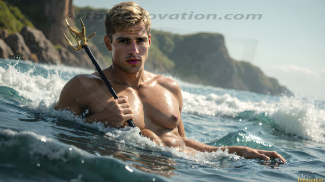 AI-generated HD photos featuring Mermen, The Warriors of the Sea. A collection of over 1,000 AI generated photo images of Mermen Warriors. Shirtless men from all age groups, with slim builds to hot and sexy, muscular body types, and from teenaged boys, to young men, to the handsome Elders. Merman warriors rising from a whirlpool, with a trident in hand, set against a stormy backdrop with dramatic lighting. Vibrant coral reefs, with detailed underwater scenes, highly realistic, with obsidian scales, that shimmer in the sunlight.