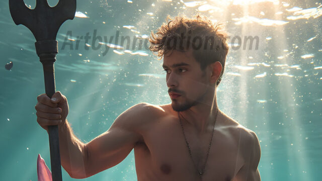 AI-generated HD photos featuring Mermen, The Warriors of the Sea. A collection of over 1,000 AI generated photo images of Mermen Warriors. Shirtless men from all age groups, with slim builds to hot and sexy, muscular body types, and from teenaged boys, to young men, to the handsome Elders. Merman warriors rising from a whirlpool, with a trident in hand, set against a stormy backdrop with dramatic lighting. Vibrant coral reefs, with detailed underwater scenes, highly realistic, with obsidian scales, that shimmer in the sunlight.