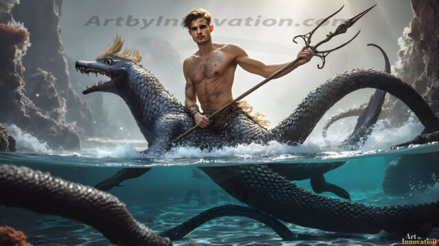 AI-generated HD photos featuring Mermen, The Warriors of the Sea. A collection of over 1,000 AI generated photo images of Mermen Warriors. Shirtless men from all age groups, with slim builds to hot and sexy, muscular body types, and from teenaged boys, to young men, to the handsome Elders. Merman warriors rising from a whirlpool, with a trident in hand, set against a stormy backdrop with dramatic lighting. Vibrant coral reefs, with detailed underwater scenes, highly realistic, with obsidian scales, that shimmer in the sunlight.