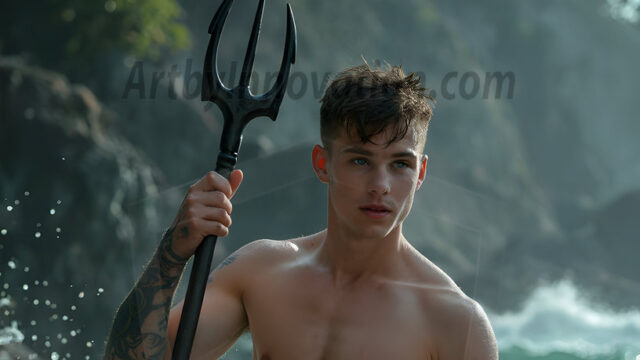 AI-generated HD photos featuring Mermen, The Warriors of the Sea. A collection of over 1,000 AI generated photo images of Mermen Warriors. Shirtless men from all age groups, with slim builds to hot and sexy, muscular body types, and from teenaged boys, to young men, to the handsome Elders. Merman warriors rising from a whirlpool, with a trident in hand, set against a stormy backdrop with dramatic lighting. Vibrant coral reefs, with detailed underwater scenes, highly realistic, with obsidian scales, that shimmer in the sunlight.