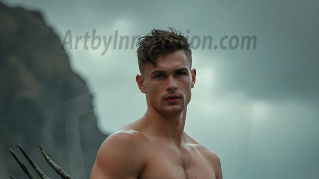 AI-generated HD photos featuring Mermen, The Warriors of the Sea. A collection of over 1,000 AI generated photo images of Mermen Warriors. Shirtless men from all age groups, with slim builds to hot and sexy, muscular body types, and from teenaged boys, to young men, to the handsome Elders. Merman warriors rising from a whirlpool, with a trident in hand, set against a stormy backdrop with dramatic lighting. Vibrant coral reefs, with detailed underwater scenes, highly realistic, with obsidian scales, that shimmer in the sunlight.