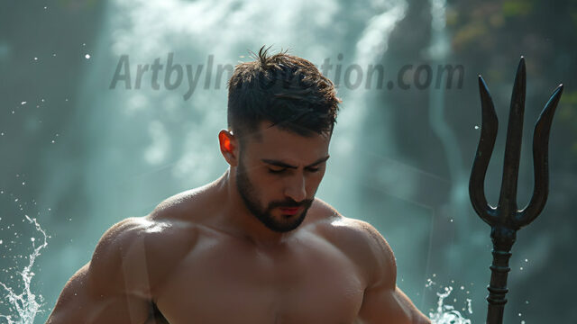 AI-generated HD photos featuring Mermen, The Warriors of the Sea. A collection of over 1,000 AI generated photo images of Mermen Warriors. Shirtless men from all age groups, with slim builds to hot and sexy, muscular body types, and from teenaged boys, to young men, to the handsome Elders. Merman warriors rising from a whirlpool, with a trident in hand, set against a stormy backdrop with dramatic lighting. Vibrant coral reefs, with detailed underwater scenes, highly realistic, with obsidian scales, that shimmer in the sunlight.