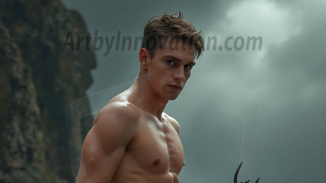 AI-generated HD photos featuring Mermen, The Warriors of the Sea. A collection of over 1,000 AI generated photo images of Mermen Warriors. Shirtless men from all age groups, with slim builds to hot and sexy, muscular body types, and from teenaged boys, to young men, to the handsome Elders. Merman warriors rising from a whirlpool, with a trident in hand, set against a stormy backdrop with dramatic lighting. Vibrant coral reefs, with detailed underwater scenes, highly realistic, with obsidian scales, that shimmer in the sunlight.