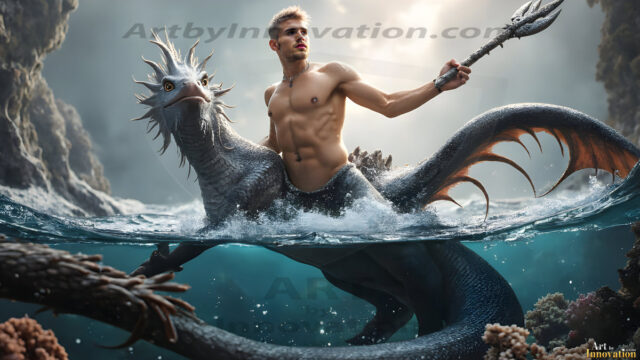 AI-generated HD photos featuring Mermen, The Warriors of the Sea. A collection of over 1,000 AI generated photo images of Mermen Warriors. Shirtless men from all age groups, with slim builds to hot and sexy, muscular body types, and from teenaged boys, to young men, to the handsome Elders. Merman warriors rising from a whirlpool, with a trident in hand, set against a stormy backdrop with dramatic lighting. Vibrant coral reefs, with detailed underwater scenes, highly realistic, with obsidian scales, that shimmer in the sunlight.