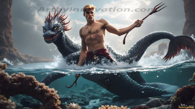 AI-generated HD photos featuring Mermen, The Warriors of the Sea. A collection of over 1,000 AI generated photo images of Mermen Warriors. Shirtless men from all age groups, with slim builds to hot and sexy, muscular body types, and from teenaged boys, to young men, to the handsome Elders. Merman warriors rising from a whirlpool, with a trident in hand, set against a stormy backdrop with dramatic lighting. Vibrant coral reefs, with detailed underwater scenes, highly realistic, with obsidian scales, that shimmer in the sunlight.