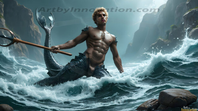 AI-generated HD photos featuring Mermen, The Warriors of the Sea. A collection of over 1,000 AI generated photo images of Mermen Warriors. Shirtless men from all age groups, with slim builds to hot and sexy, muscular body types, and from teenaged boys, to young men, to the handsome Elders. Merman warriors rising from a whirlpool, with a trident in hand, set against a stormy backdrop with dramatic lighting. Vibrant coral reefs, with detailed underwater scenes, highly realistic, with obsidian scales, that shimmer in the sunlight.