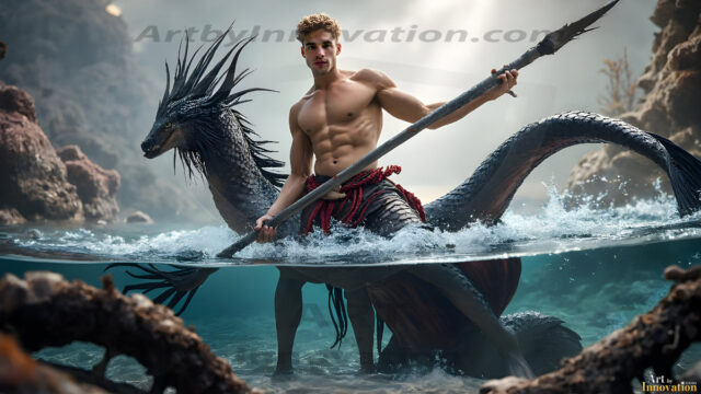 AI-generated HD photos featuring Mermen, The Warriors of the Sea. A collection of over 1,000 AI generated photo images of Mermen Warriors. Shirtless men from all age groups, with slim builds to hot and sexy, muscular body types, and from teenaged boys, to young men, to the handsome Elders. Merman warriors rising from a whirlpool, with a trident in hand, set against a stormy backdrop with dramatic lighting. Vibrant coral reefs, with detailed underwater scenes, highly realistic, with obsidian scales, that shimmer in the sunlight.