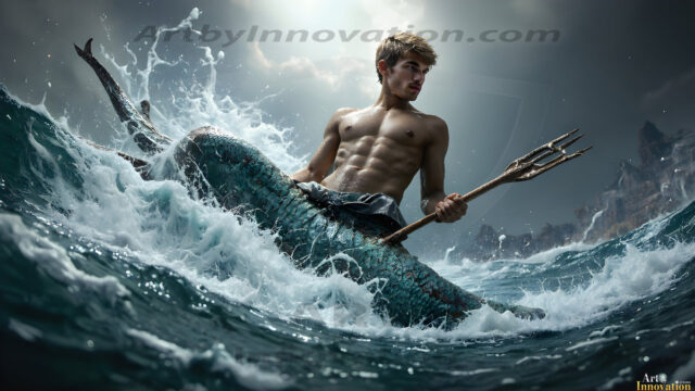 AI-generated HD photos featuring Mermen, The Warriors of the Sea. A collection of over 1,000 AI generated photo images of Mermen Warriors. Shirtless men from all age groups, with slim builds to hot and sexy, muscular body types, and from teenaged boys, to young men, to the handsome Elders. Merman warriors rising from a whirlpool, with a trident in hand, set against a stormy backdrop with dramatic lighting. Vibrant coral reefs, with detailed underwater scenes, highly realistic, with obsidian scales, that shimmer in the sunlight.