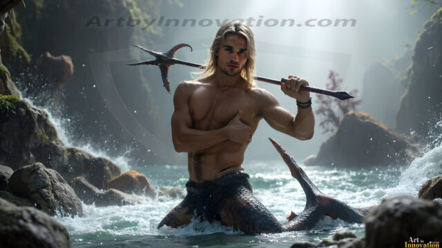 AI-generated HD photos featuring Mermen, The Warriors of the Sea. A collection of over 1,000 AI generated photo images of Mermen Warriors. Shirtless men from all age groups, with slim builds to hot and sexy, muscular body types, and from teenaged boys, to young men, to the handsome Elders. Merman warriors rising from a whirlpool, with a trident in hand, set against a stormy backdrop with dramatic lighting. Vibrant coral reefs, with detailed underwater scenes, highly realistic, with obsidian scales, that shimmer in the sunlight.