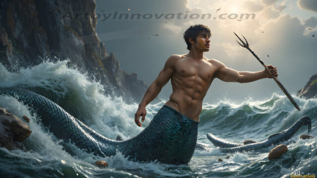 AI-generated HD photos featuring Mermen, The Warriors of the Sea. A collection of over 1,000 AI generated photo images of Mermen Warriors. Shirtless men from all age groups, with slim builds to hot and sexy, muscular body types, and from teenaged boys, to young men, to the handsome Elders. Merman warriors rising from a whirlpool, with a trident in hand, set against a stormy backdrop with dramatic lighting. Vibrant coral reefs, with detailed underwater scenes, highly realistic, with obsidian scales, that shimmer in the sunlight.