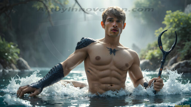 AI-generated HD photos featuring Mermen, The Warriors of the Sea. A collection of over 1,000 AI generated photo images of Mermen Warriors. Shirtless men from all age groups, with slim builds to hot and sexy, muscular body types, and from teenaged boys, to young men, to the handsome Elders. Merman warriors rising from a whirlpool, with a trident in hand, set against a stormy backdrop with dramatic lighting. Vibrant coral reefs, with detailed underwater scenes, highly realistic, with obsidian scales, that shimmer in the sunlight.
