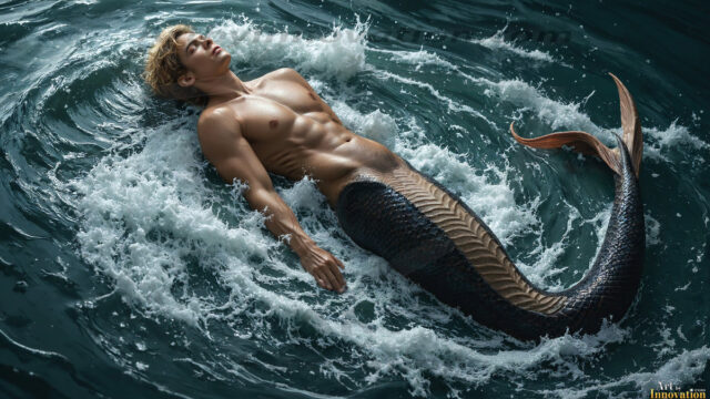 AI-generated HD photos featuring Mermen, The Warriors of the Sea. A collection of over 1,000 AI generated photo images of Mermen Warriors. Shirtless men from all age groups, with slim builds to hot and sexy, muscular body types, and from teenaged boys, to young men, to the handsome Elders. Merman warriors rising from a whirlpool, with a trident in hand, set against a stormy backdrop with dramatic lighting. Vibrant coral reefs, with detailed underwater scenes, highly realistic, with obsidian scales, that shimmer in the sunlight.