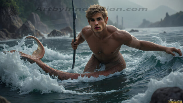 AI-generated HD photos featuring Mermen, The Warriors of the Sea. A collection of over 1,000 AI generated photo images of Mermen Warriors. Shirtless men from all age groups, with slim builds to hot and sexy, muscular body types, and from teenaged boys, to young men, to the handsome Elders. Merman warriors rising from a whirlpool, with a trident in hand, set against a stormy backdrop with dramatic lighting. Vibrant coral reefs, with detailed underwater scenes, highly realistic, with obsidian scales, that shimmer in the sunlight.