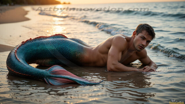 AI-generated HD photos featuring Mermen, The Warriors of the Sea. A collection of over 1,000 AI generated photo images of Mermen Warriors. Shirtless men from all age groups, with slim builds to hot and sexy, muscular body types, and from teenaged boys, to young men, to the handsome Elders. Merman warriors rising from a whirlpool, with a trident in hand, set against a stormy backdrop with dramatic lighting. Vibrant coral reefs, with detailed underwater scenes, highly realistic, with obsidian scales, that shimmer in the sunlight.