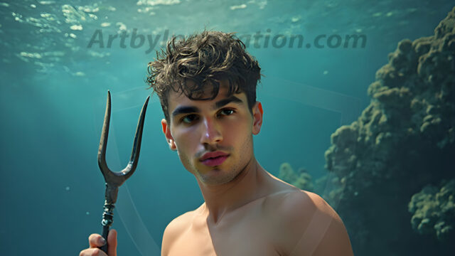 AI-generated HD photos featuring Mermen, The Warriors of the Sea. A collection of over 1,000 AI generated photo images of Mermen Warriors. Shirtless men from all age groups, with slim builds to hot and sexy, muscular body types, and from teenaged boys, to young men, to the handsome Elders. Merman warriors rising from a whirlpool, with a trident in hand, set against a stormy backdrop with dramatic lighting. Vibrant coral reefs, with detailed underwater scenes, highly realistic, with obsidian scales, that shimmer in the sunlight.
