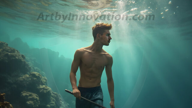 AI-generated HD photos featuring Mermen, The Warriors of the Sea. A collection of over 1,000 AI generated photo images of Mermen Warriors. Shirtless men from all age groups, with slim builds to hot and sexy, muscular body types, and from teenaged boys, to young men, to the handsome Elders. Merman warriors rising from a whirlpool, with a trident in hand, set against a stormy backdrop with dramatic lighting. Vibrant coral reefs, with detailed underwater scenes, highly realistic, with obsidian scales, that shimmer in the sunlight.