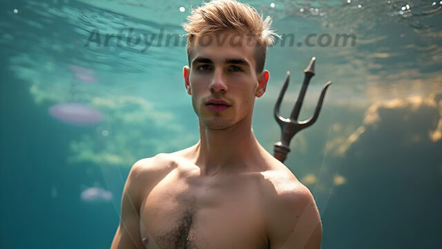 AI-generated HD photos featuring Mermen, The Warriors of the Sea. A collection of over 1,000 AI generated photo images of Mermen Warriors. Shirtless men from all age groups, with slim builds to hot and sexy, muscular body types, and from teenaged boys, to young men, to the handsome Elders. Merman warriors rising from a whirlpool, with a trident in hand, set against a stormy backdrop with dramatic lighting. Vibrant coral reefs, with detailed underwater scenes, highly realistic, with obsidian scales, that shimmer in the sunlight.