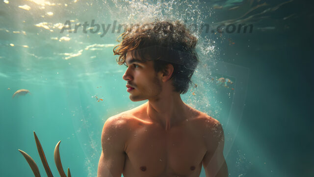 AI-generated HD photos featuring Mermen, The Warriors of the Sea. A collection of over 1,000 AI generated photo images of Mermen Warriors. Shirtless men from all age groups, with slim builds to hot and sexy, muscular body types, and from teenaged boys, to young men, to the handsome Elders. Merman warriors rising from a whirlpool, with a trident in hand, set against a stormy backdrop with dramatic lighting. Vibrant coral reefs, with detailed underwater scenes, highly realistic, with obsidian scales, that shimmer in the sunlight.