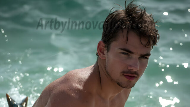 AI-generated HD photos featuring Mermen, The Warriors of the Sea. A collection of over 1,000 AI generated photo images of Mermen Warriors. Shirtless men from all age groups, with slim builds to hot and sexy, muscular body types, and from teenaged boys, to young men, to the handsome Elders. Merman warriors rising from a whirlpool, with a trident in hand, set against a stormy backdrop with dramatic lighting. Vibrant coral reefs, with detailed underwater scenes, highly realistic, with obsidian scales, that shimmer in the sunlight.