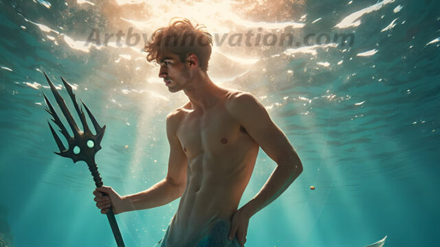 AI-generated HD photos featuring Mermen, The Warriors of the Sea. A collection of over 1,000 AI generated photo images of Mermen Warriors. Shirtless men from all age groups, with slim builds to hot and sexy, muscular body types, and from teenaged boys, to young men, to the handsome Elders. Merman warriors rising from a whirlpool, with a trident in hand, set against a stormy backdrop with dramatic lighting. Vibrant coral reefs, with detailed underwater scenes, highly realistic, with obsidian scales, that shimmer in the sunlight.