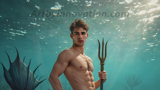AI-generated HD photos featuring Mermen, The Warriors of the Sea. A collection of over 1,000 AI generated photo images of Mermen Warriors. Shirtless men from all age groups, with slim builds to hot and sexy, muscular body types, and from teenaged boys, to young men, to the handsome Elders. Merman warriors rising from a whirlpool, with a trident in hand, set against a stormy backdrop with dramatic lighting. Vibrant coral reefs, with detailed underwater scenes, highly realistic, with obsidian scales, that shimmer in the sunlight.