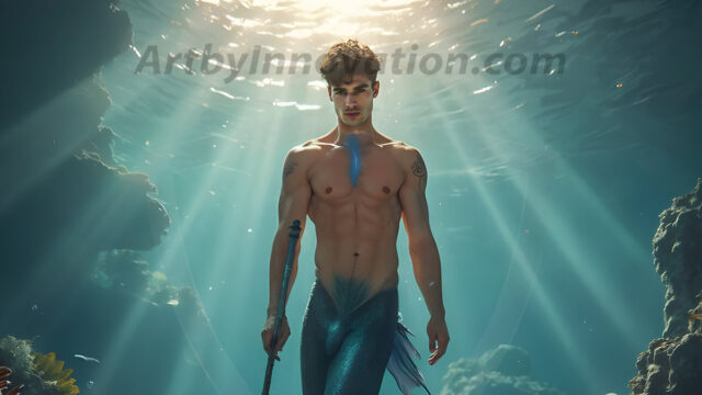AI-generated HD photos featuring Mermen, The Warriors of the Sea. A collection of over 1,000 AI generated photo images of Mermen Warriors. Shirtless men from all age groups, with slim builds to hot and sexy, muscular body types, and from teenaged boys, to young men, to the handsome Elders. Merman warriors rising from a whirlpool, with a trident in hand, set against a stormy backdrop with dramatic lighting. Vibrant coral reefs, with detailed underwater scenes, highly realistic, with obsidian scales, that shimmer in the sunlight.