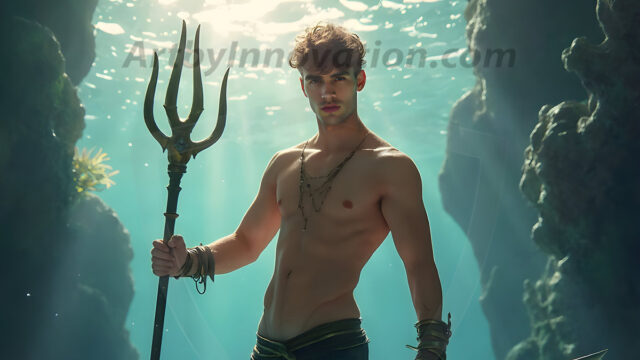 AI-generated HD photos featuring Mermen, The Warriors of the Sea. A collection of over 1,000 AI generated photo images of Mermen Warriors. Shirtless men from all age groups, with slim builds to hot and sexy, muscular body types, and from teenaged boys, to young men, to the handsome Elders. Merman warriors rising from a whirlpool, with a trident in hand, set against a stormy backdrop with dramatic lighting. Vibrant coral reefs, with detailed underwater scenes, highly realistic, with obsidian scales, that shimmer in the sunlight.