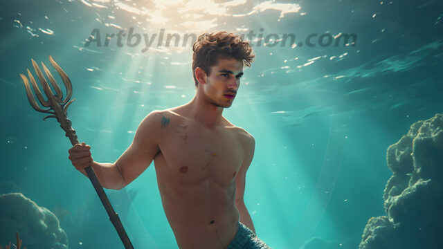 AI-generated HD photos featuring Mermen, The Warriors of the Sea. A collection of over 1,000 AI generated photo images of Mermen Warriors. Shirtless men from all age groups, with slim builds to hot and sexy, muscular body types, and from teenaged boys, to young men, to the handsome Elders. Merman warriors rising from a whirlpool, with a trident in hand, set against a stormy backdrop with dramatic lighting. Vibrant coral reefs, with detailed underwater scenes, highly realistic, with obsidian scales, that shimmer in the sunlight.