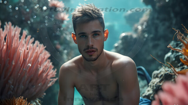 AI-generated HD photos featuring Mermen, The Warriors of the Sea. A collection of over 1,000 AI generated photo images of Mermen Warriors. Shirtless men from all age groups, with slim builds to hot and sexy, muscular body types, and from teenaged boys, to young men, to the handsome Elders. Merman warriors rising from a whirlpool, with a trident in hand, set against a stormy backdrop with dramatic lighting. Vibrant coral reefs, with detailed underwater scenes, highly realistic, with obsidian scales, that shimmer in the sunlight.