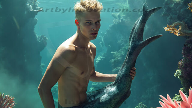 AI-generated HD photos featuring Mermen, The Warriors of the Sea. A collection of over 1,000 AI generated photo images of Mermen Warriors. Shirtless men from all age groups, with slim builds to hot and sexy, muscular body types, and from teenaged boys, to young men, to the handsome Elders. Merman warriors rising from a whirlpool, with a trident in hand, set against a stormy backdrop with dramatic lighting. Vibrant coral reefs, with detailed underwater scenes, highly realistic, with obsidian scales, that shimmer in the sunlight.