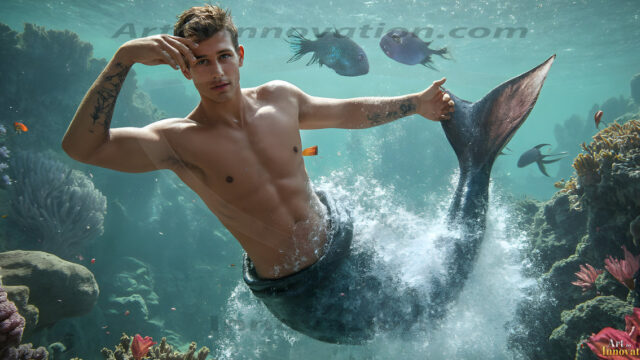 AI-generated HD photos featuring Mermen, The Warriors of the Sea. A collection of over 1,000 AI generated photo images of Mermen Warriors. Shirtless men from all age groups, with slim builds to hot and sexy, muscular body types, and from teenaged boys, to young men, to the handsome Elders. Merman warriors rising from a whirlpool, with a trident in hand, set against a stormy backdrop with dramatic lighting. Vibrant coral reefs, with detailed underwater scenes, highly realistic, with obsidian scales, that shimmer in the sunlight.