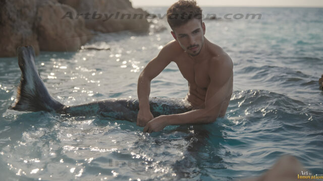 AI-generated HD photos featuring Mermen, The Warriors of the Sea. A collection of over 1,000 AI generated photo images of Mermen Warriors. Shirtless men from all age groups, with slim builds to hot and sexy, muscular body types, and from teenaged boys, to young men, to the handsome Elders. Merman warriors rising from a whirlpool, with a trident in hand, set against a stormy backdrop with dramatic lighting. Vibrant coral reefs, with detailed underwater scenes, highly realistic, with obsidian scales, that shimmer in the sunlight.