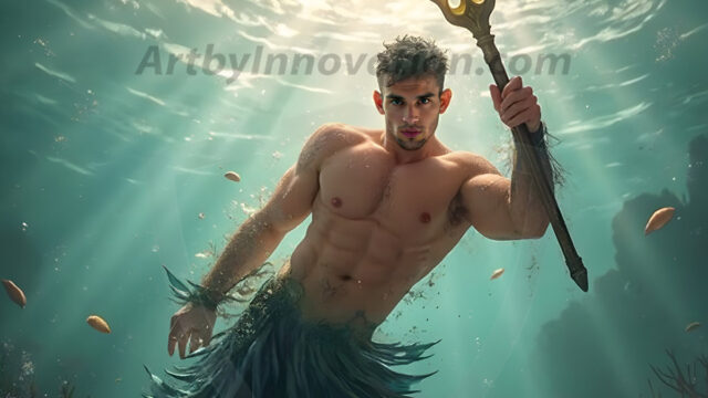 AI-generated HD photos featuring Mermen, The Warriors of the Sea. A collection of over 1,000 AI generated photo images of Mermen Warriors. Shirtless men from all age groups, with slim builds to hot and sexy, muscular body types, and from teenaged boys, to young men, to the handsome Elders. Merman warriors rising from a whirlpool, with a trident in hand, set against a stormy backdrop with dramatic lighting. Vibrant coral reefs, with detailed underwater scenes, highly realistic, with obsidian scales, that shimmer in the sunlight.