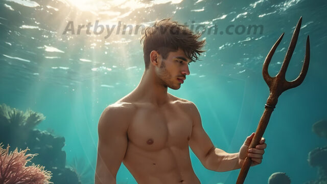 AI-generated HD photos featuring Mermen, The Warriors of the Sea. A collection of over 1,000 AI generated photo images of Mermen Warriors. Shirtless men from all age groups, with slim builds to hot and sexy, muscular body types, and from teenaged boys, to young men, to the handsome Elders. Merman warriors rising from a whirlpool, with a trident in hand, set against a stormy backdrop with dramatic lighting. Vibrant coral reefs, with detailed underwater scenes, highly realistic, with obsidian scales, that shimmer in the sunlight.