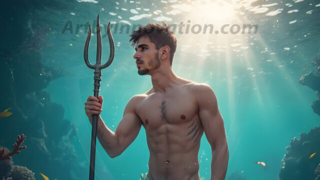 AI-generated HD photos featuring Mermen, The Warriors of the Sea. A collection of over 1,000 AI generated photo images of Mermen Warriors. Shirtless men from all age groups, with slim builds to hot and sexy, muscular body types, and from teenaged boys, to young men, to the handsome Elders. Merman warriors rising from a whirlpool, with a trident in hand, set against a stormy backdrop with dramatic lighting. Vibrant coral reefs, with detailed underwater scenes, highly realistic, with obsidian scales, that shimmer in the sunlight.