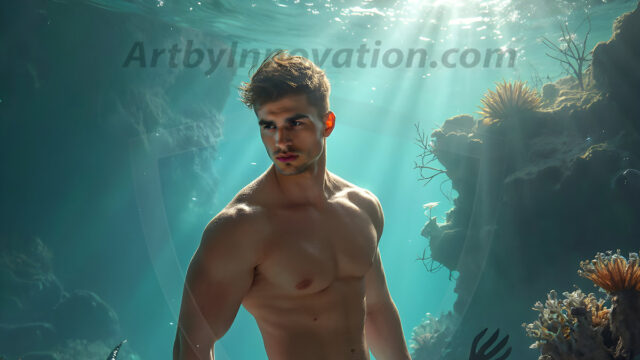 AI-generated HD photos featuring Mermen, The Warriors of the Sea. A collection of over 1,000 AI generated photo images of Mermen Warriors. Shirtless men from all age groups, with slim builds to hot and sexy, muscular body types, and from teenaged boys, to young men, to the handsome Elders. Merman warriors rising from a whirlpool, with a trident in hand, set against a stormy backdrop with dramatic lighting. Vibrant coral reefs, with detailed underwater scenes, highly realistic, with obsidian scales, that shimmer in the sunlight.