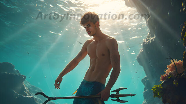 AI-generated HD photos featuring Mermen, The Warriors of the Sea. A collection of over 1,000 AI generated photo images of Mermen Warriors. Shirtless men from all age groups, with slim builds to hot and sexy, muscular body types, and from teenaged boys, to young men, to the handsome Elders. Merman warriors rising from a whirlpool, with a trident in hand, set against a stormy backdrop with dramatic lighting. Vibrant coral reefs, with detailed underwater scenes, highly realistic, with obsidian scales, that shimmer in the sunlight.