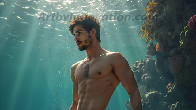 AI-generated HD photos featuring Mermen, The Warriors of the Sea. A collection of over 1,000 AI generated photo images of Mermen Warriors. Shirtless men from all age groups, with slim builds to hot and sexy, muscular body types, and from teenaged boys, to young men, to the handsome Elders. Merman warriors rising from a whirlpool, with a trident in hand, set against a stormy backdrop with dramatic lighting. Vibrant coral reefs, with detailed underwater scenes, highly realistic, with obsidian scales, that shimmer in the sunlight.