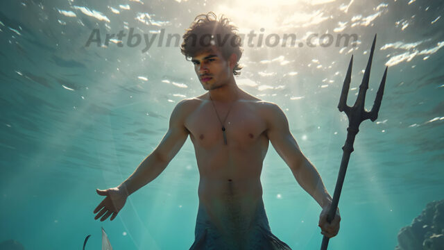 AI-generated HD photos featuring Mermen, The Warriors of the Sea. A collection of over 1,000 AI generated photo images of Mermen Warriors. Shirtless men from all age groups, with slim builds to hot and sexy, muscular body types, and from teenaged boys, to young men, to the handsome Elders. Merman warriors rising from a whirlpool, with a trident in hand, set against a stormy backdrop with dramatic lighting. Vibrant coral reefs, with detailed underwater scenes, highly realistic, with obsidian scales, that shimmer in the sunlight.