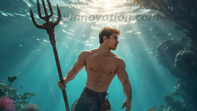 AI-generated HD photos featuring Mermen, The Warriors of the Sea. A collection of over 1,000 AI generated photo images of Mermen Warriors. Shirtless men from all age groups, with slim builds to hot and sexy, muscular body types, and from teenaged boys, to young men, to the handsome Elders. Merman warriors rising from a whirlpool, with a trident in hand, set against a stormy backdrop with dramatic lighting. Vibrant coral reefs, with detailed underwater scenes, highly realistic, with obsidian scales, that shimmer in the sunlight.
