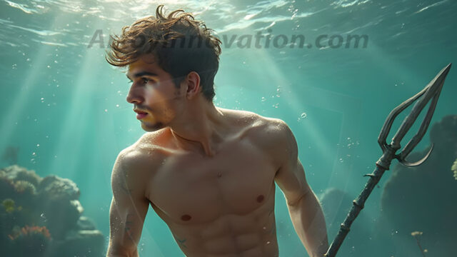 AI-generated HD photos featuring Mermen, The Warriors of the Sea. A collection of over 1,000 AI generated photo images of Mermen Warriors. Shirtless men from all age groups, with slim builds to hot and sexy, muscular body types, and from teenaged boys, to young men, to the handsome Elders. Merman warriors rising from a whirlpool, with a trident in hand, set against a stormy backdrop with dramatic lighting. Vibrant coral reefs, with detailed underwater scenes, highly realistic, with obsidian scales, that shimmer in the sunlight.
