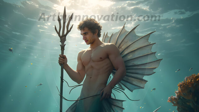 AI-generated HD photos featuring Mermen, The Warriors of the Sea. A collection of over 1,000 AI generated photo images of Mermen Warriors. Shirtless men from all age groups, with slim builds to hot and sexy, muscular body types, and from teenaged boys, to young men, to the handsome Elders. Merman warriors rising from a whirlpool, with a trident in hand, set against a stormy backdrop with dramatic lighting. Vibrant coral reefs, with detailed underwater scenes, highly realistic, with obsidian scales, that shimmer in the sunlight.