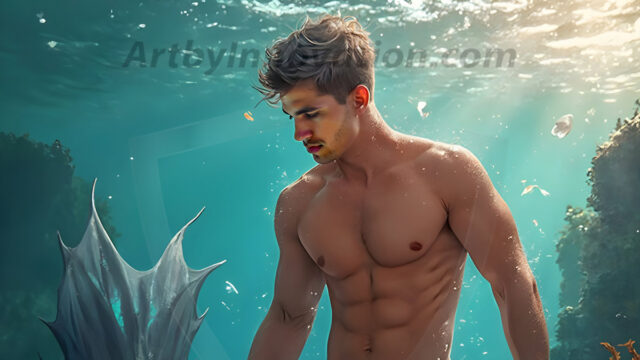 AI-generated HD photos featuring Mermen, The Warriors of the Sea. A collection of over 1,000 AI generated photo images of Mermen Warriors. Shirtless men from all age groups, with slim builds to hot and sexy, muscular body types, and from teenaged boys, to young men, to the handsome Elders. Merman warriors rising from a whirlpool, with a trident in hand, set against a stormy backdrop with dramatic lighting. Vibrant coral reefs, with detailed underwater scenes, highly realistic, with obsidian scales, that shimmer in the sunlight.