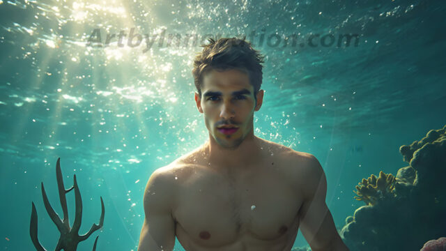AI-generated HD photos featuring Mermen, The Warriors of the Sea. A collection of over 1,000 AI generated photo images of Mermen Warriors. Shirtless men from all age groups, with slim builds to hot and sexy, muscular body types, and from teenaged boys, to young men, to the handsome Elders. Merman warriors rising from a whirlpool, with a trident in hand, set against a stormy backdrop with dramatic lighting. Vibrant coral reefs, with detailed underwater scenes, highly realistic, with obsidian scales, that shimmer in the sunlight.