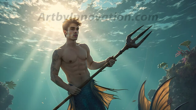 AI-generated HD photos featuring Mermen, The Warriors of the Sea. A collection of over 1,000 AI generated photo images of Mermen Warriors. Shirtless men from all age groups, with slim builds to hot and sexy, muscular body types, and from teenaged boys, to young men, to the handsome Elders. Merman warriors rising from a whirlpool, with a trident in hand, set against a stormy backdrop with dramatic lighting. Vibrant coral reefs, with detailed underwater scenes, highly realistic, with obsidian scales, that shimmer in the sunlight.