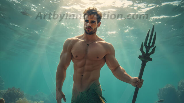 AI-generated HD photos featuring Mermen, The Warriors of the Sea. A collection of over 1,000 AI generated photo images of Mermen Warriors. Shirtless men from all age groups, with slim builds to hot and sexy, muscular body types, and from teenaged boys, to young men, to the handsome Elders. Merman warriors rising from a whirlpool, with a trident in hand, set against a stormy backdrop with dramatic lighting. Vibrant coral reefs, with detailed underwater scenes, highly realistic, with obsidian scales, that shimmer in the sunlight.