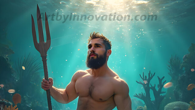 AI-generated HD photos featuring Mermen, The Warriors of the Sea. A collection of over 1,000 AI generated photo images of Mermen Warriors. Shirtless men from all age groups, with slim builds to hot and sexy, muscular body types, and from teenaged boys, to young men, to the handsome Elders. Merman warriors rising from a whirlpool, with a trident in hand, set against a stormy backdrop with dramatic lighting. Vibrant coral reefs, with detailed underwater scenes, highly realistic, with obsidian scales, that shimmer in the sunlight.