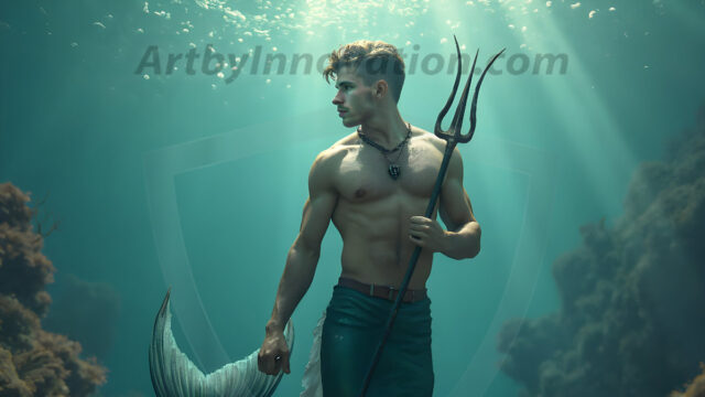 AI-generated HD photos featuring Mermen, The Warriors of the Sea. A collection of over 1,000 AI generated photo images of Mermen Warriors. Shirtless men from all age groups, with slim builds to hot and sexy, muscular body types, and from teenaged boys, to young men, to the handsome Elders. Merman warriors rising from a whirlpool, with a trident in hand, set against a stormy backdrop with dramatic lighting. Vibrant coral reefs, with detailed underwater scenes, highly realistic, with obsidian scales, that shimmer in the sunlight.