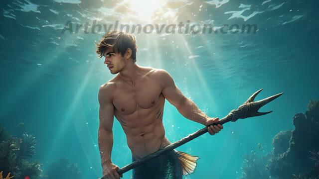AI-generated HD photos featuring Mermen, The Warriors of the Sea. A collection of over 1,000 AI generated photo images of Mermen Warriors. Shirtless men from all age groups, with slim builds to hot and sexy, muscular body types, and from teenaged boys, to young men, to the handsome Elders. Merman warriors rising from a whirlpool, with a trident in hand, set against a stormy backdrop with dramatic lighting. Vibrant coral reefs, with detailed underwater scenes, highly realistic, with obsidian scales, that shimmer in the sunlight.